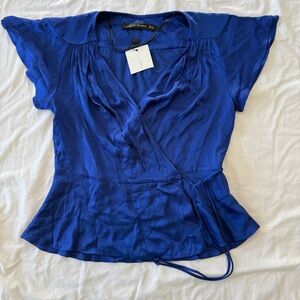 Zara Woman Royal Blue Wrap Peplum Blouse XS Flutter Sleeve Waist Tie Preppy NWT